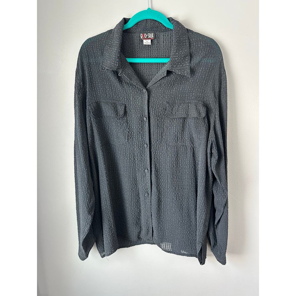 Vintage Quo Silk Top Balck ButtonUp LongSleeve Collar Career Boho